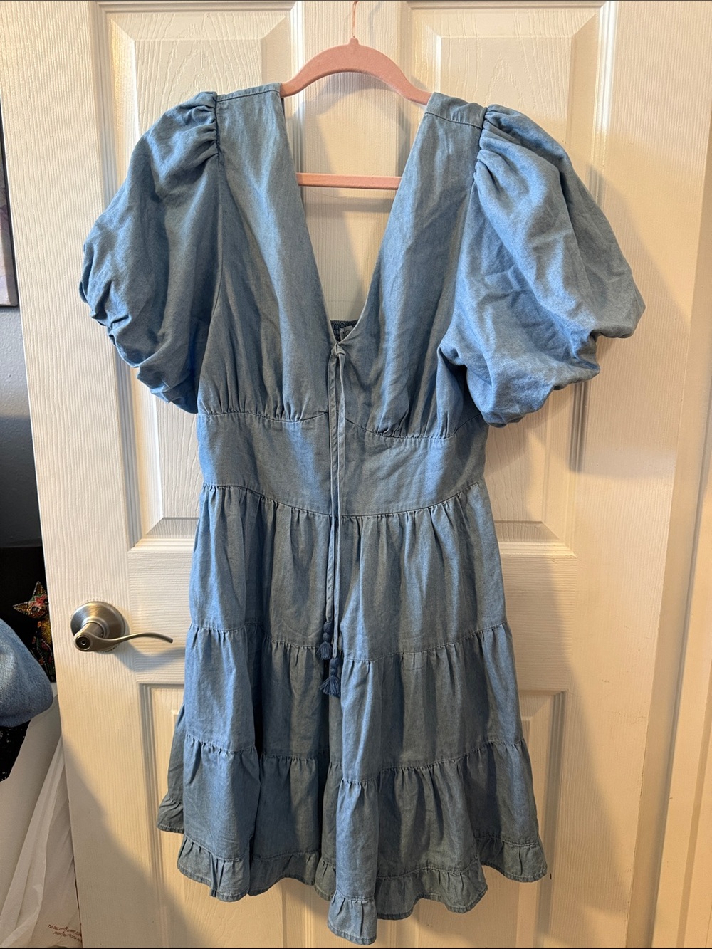 Jessica Simpson Light Blue Puff Sleeve Tiered Midi Dress
